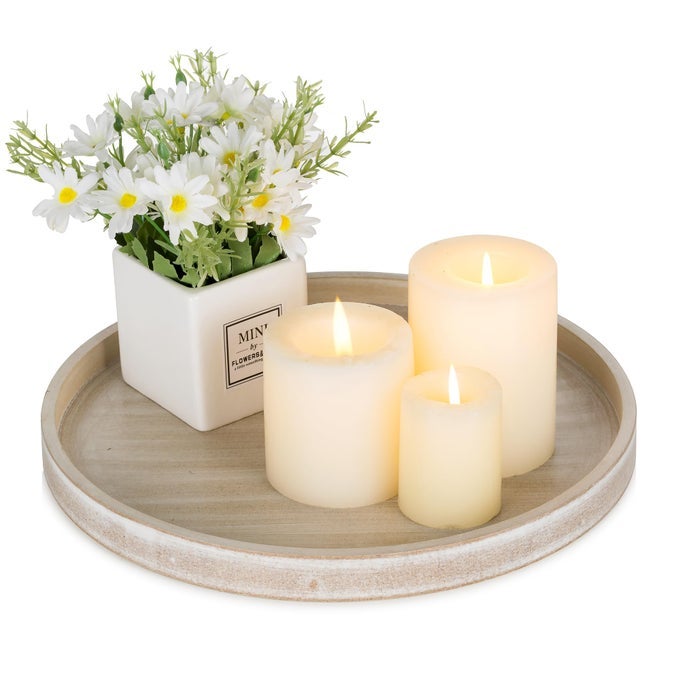 CANDLE PLATE HOLDER TRAY WHITEWASH ROUND WOOD CANDLE PLATE DECORATIVE CENTERPIECE SMALL TEALIGHT PILLAR TRAYS FOR LIVING ROOM DINING COFFEE TABLE HOME DECOR