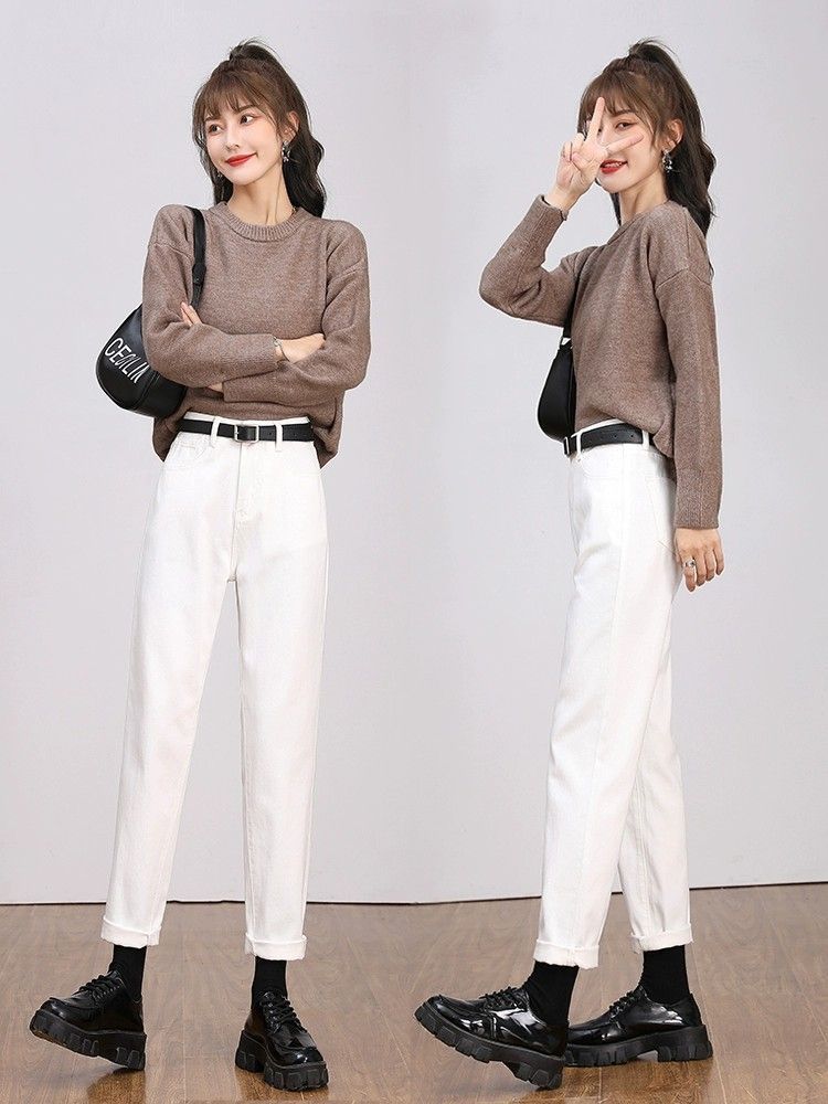 2025 Summer Thin Solid Color Off-White Harem Jeans Women'S High Waist Loose Elastic Slim Carrot Daddy Pants - Image 4