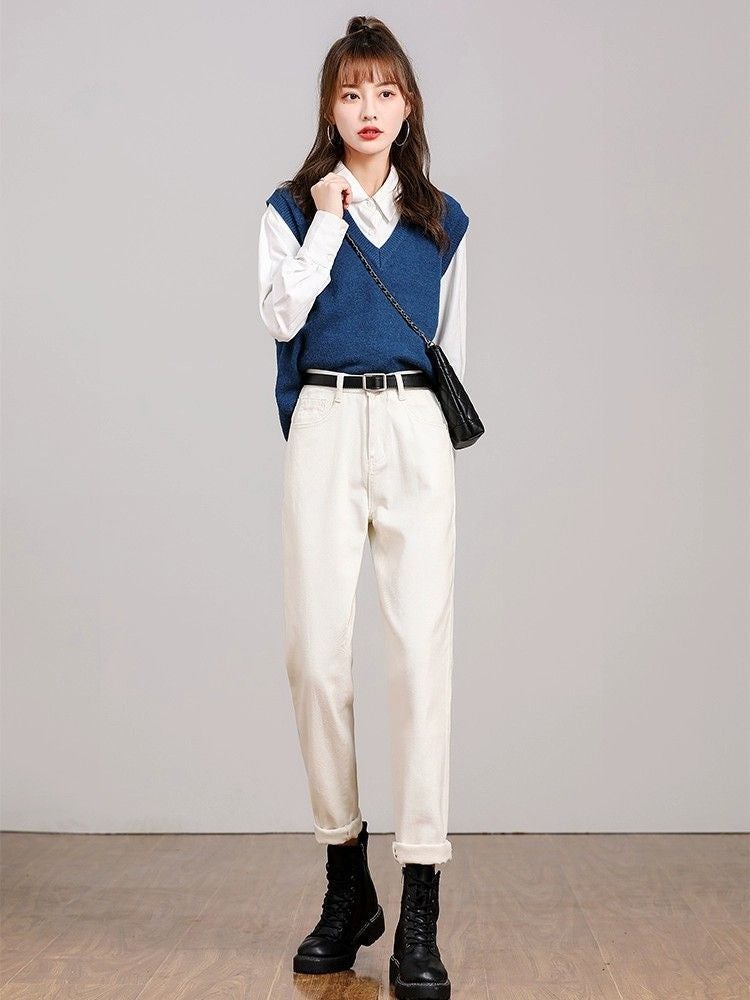 2025 Summer Thin Solid Color Off-White Harem Jeans Women'S High Waist Loose Elastic Slim Carrot Daddy Pants - Image 2