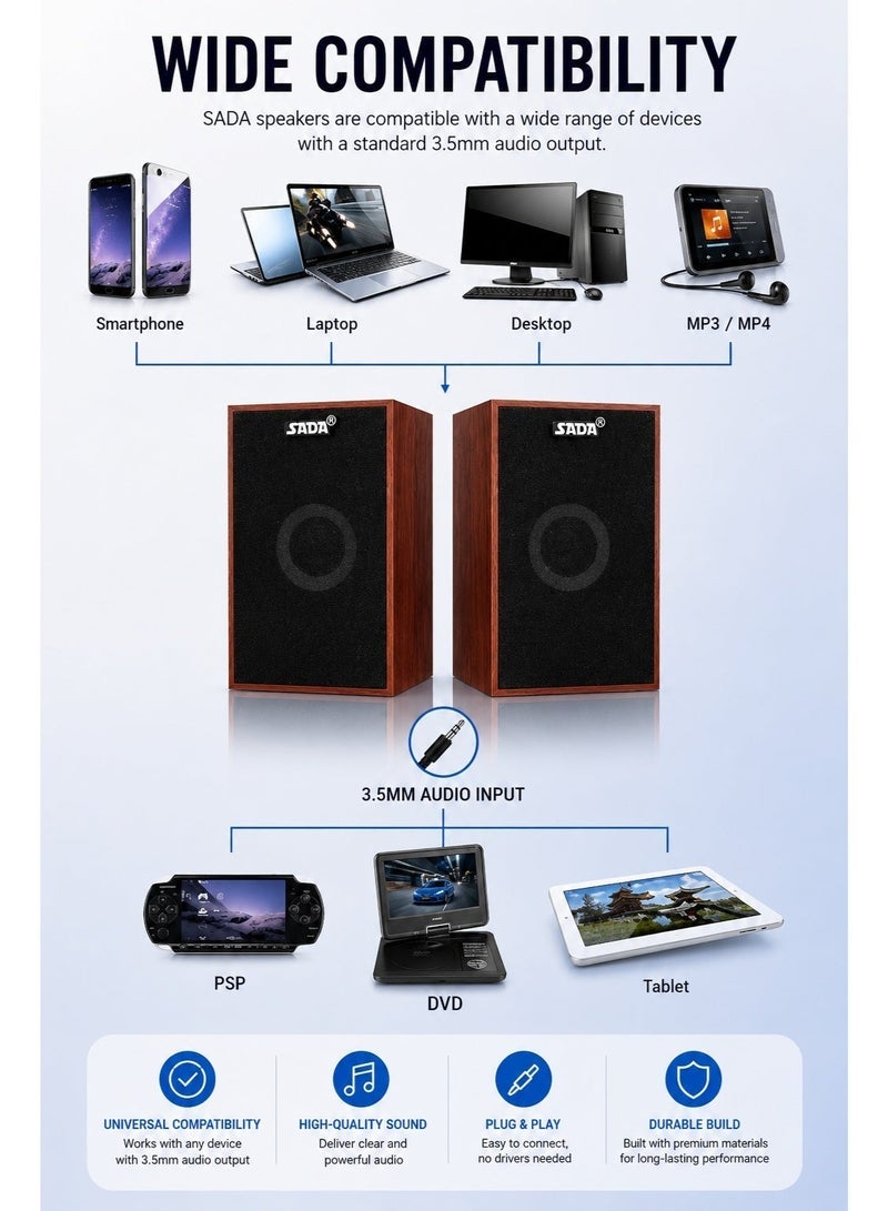 صدى سماعات كمبيوتر مكتبية خشبية من SADA، صوت ستيريو HiFi مع جهير قوي، تعمل عبر USB ومنفذ 3.5 مم، متوافقة مع الكمبيوتر المكتبي واللابتوب والهاتف الذكي والشاشة والجهاز اللوحي - Image 3