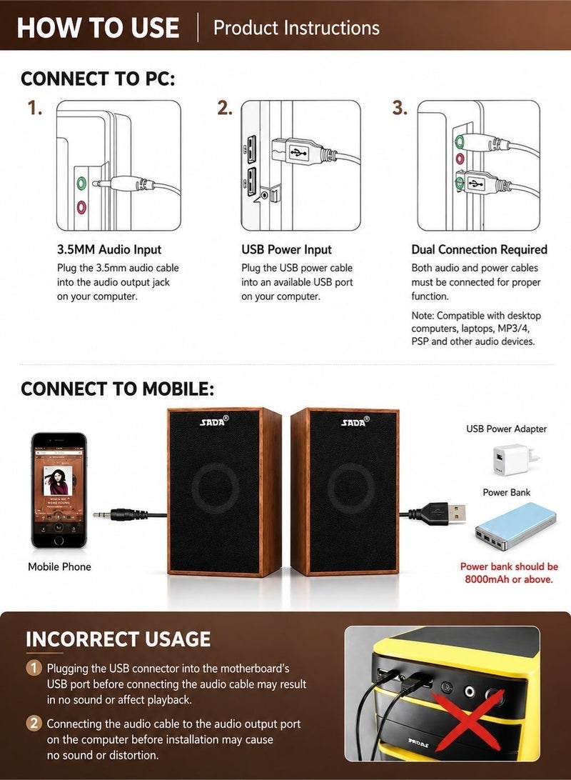 صدى سماعات كمبيوتر مكتبية خشبية من SADA، صوت ستيريو HiFi مع جهير قوي، تعمل عبر USB ومنفذ 3.5 مم، متوافقة مع الكمبيوتر المكتبي واللابتوب والهاتف الذكي والشاشة والجهاز اللوحي - Image 5