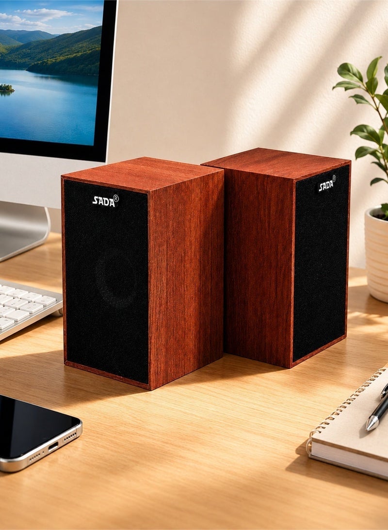 صدى سماعات كمبيوتر مكتبية خشبية من SADA، صوت ستيريو HiFi مع جهير قوي، تعمل عبر USB ومنفذ 3.5 مم، متوافقة مع الكمبيوتر المكتبي واللابتوب والهاتف الذكي والشاشة والجهاز اللوحي - Image 1