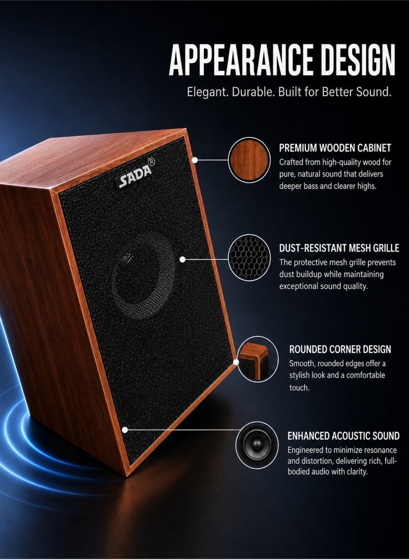 صدى سماعات كمبيوتر مكتبية خشبية من SADA، صوت ستيريو HiFi مع جهير قوي، تعمل عبر USB ومنفذ 3.5 مم، متوافقة مع الكمبيوتر المكتبي واللابتوب والهاتف الذكي والشاشة والجهاز اللوحي - Image 4