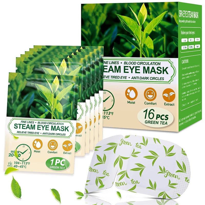 16 Packs Steam Eye Masks for Dry Eyes Green Tea Warm Eye Mask Relief Eye Fatigue Hot Sleep Eye Mask for Puffy Eyes Mask Disposable Moist Heating Compress Pads for Sleeping Self Heated Eye Mask