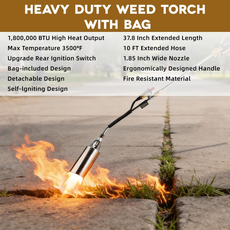 Charouse Heavy Duty Propane Torch Weed Burner Kit 1,800,000 BTU with Storage Bag High Output BTUs Torch Gun with 10 FT Hose Self Igniter Weed Torch for Campfires Wood Melting Ice Snow Roofing Torch - Image 2