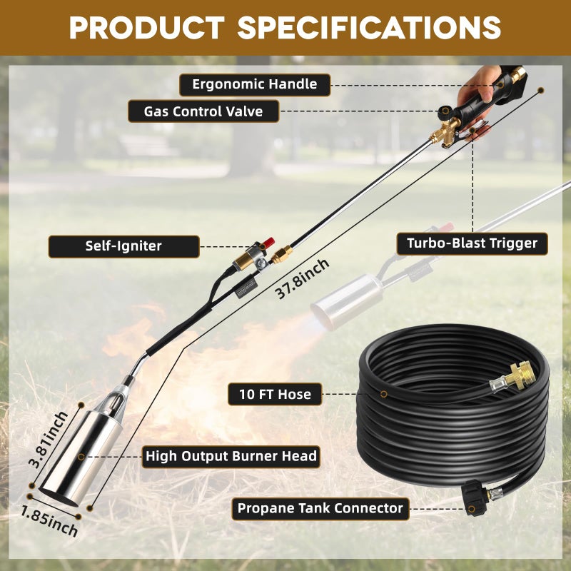 Charouse Heavy Duty Propane Torch Weed Burner Kit 1,800,000 BTU with Storage Bag High Output BTUs Torch Gun with 10 FT Hose Self Igniter Weed Torch for Campfires Wood Melting Ice Snow Roofing Torch - Image 3