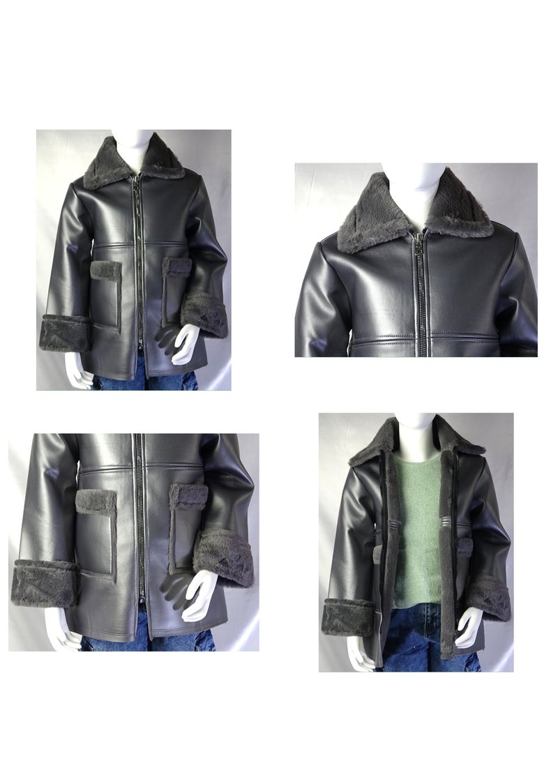 شلــــتر صناعة تركية فاخرة؛ جاكيت جلد للبنات بسحاب لفصل الخريف و الشتاء من مجموعة شلـــر 35581 - Image 1