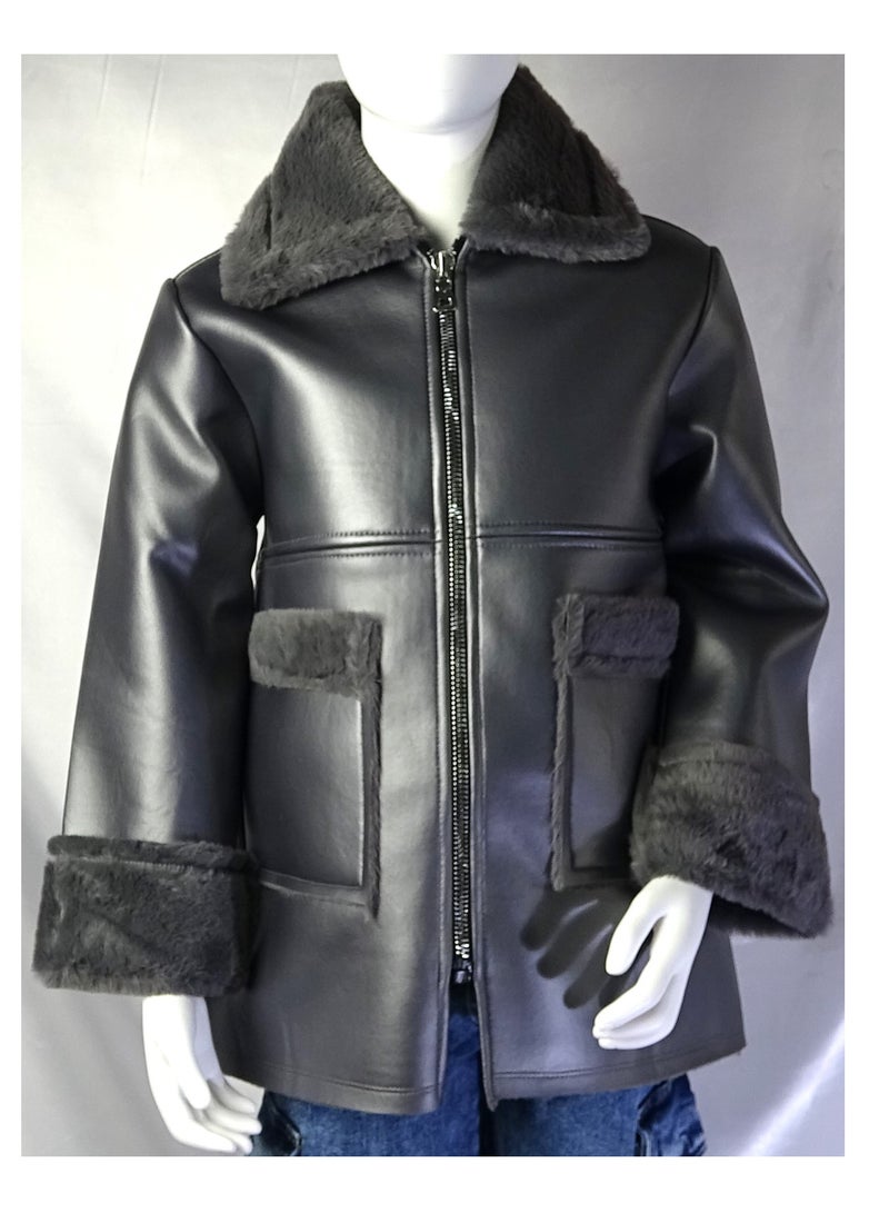 شلــــتر صناعة تركية فاخرة؛ جاكيت جلد للبنات بسحاب لفصل الخريف و الشتاء من مجموعة شلـــر 35581 - Image 2