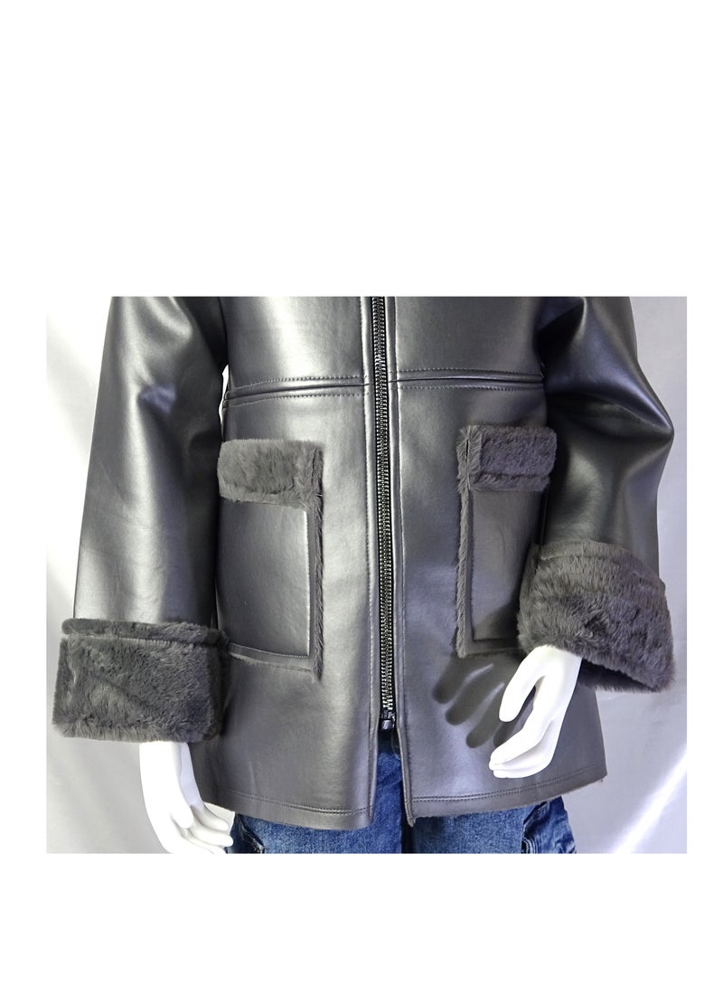 شلــــتر صناعة تركية فاخرة؛ جاكيت جلد للبنات بسحاب لفصل الخريف و الشتاء من مجموعة شلـــر 35581 - Image 4