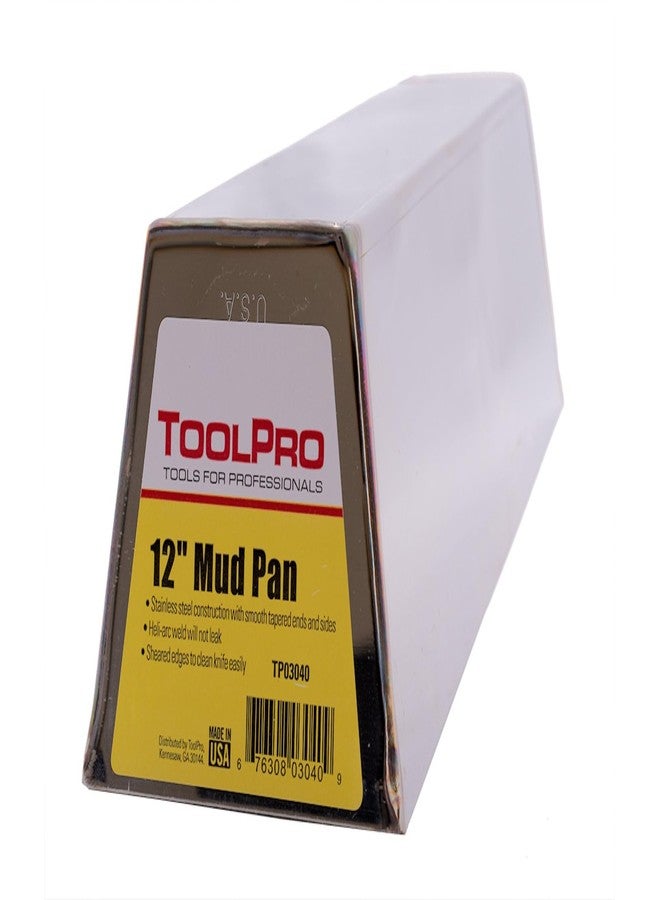 TOOLPRO 12 Inch Stainless Steel Mud Pan - Professional Drywall Taping Tool with Smooth Tapered Ends and Leak-Proof Construction - Image 1