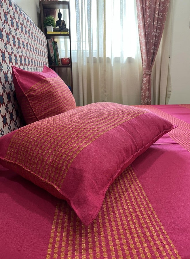 RANGBHAR Handloom Cotton Striped Bedsheet For Double Bed, Organic Woven Bedsheet With 2 Pillow Covers, Pink, 90X100 Inch,180 TC - Image 2