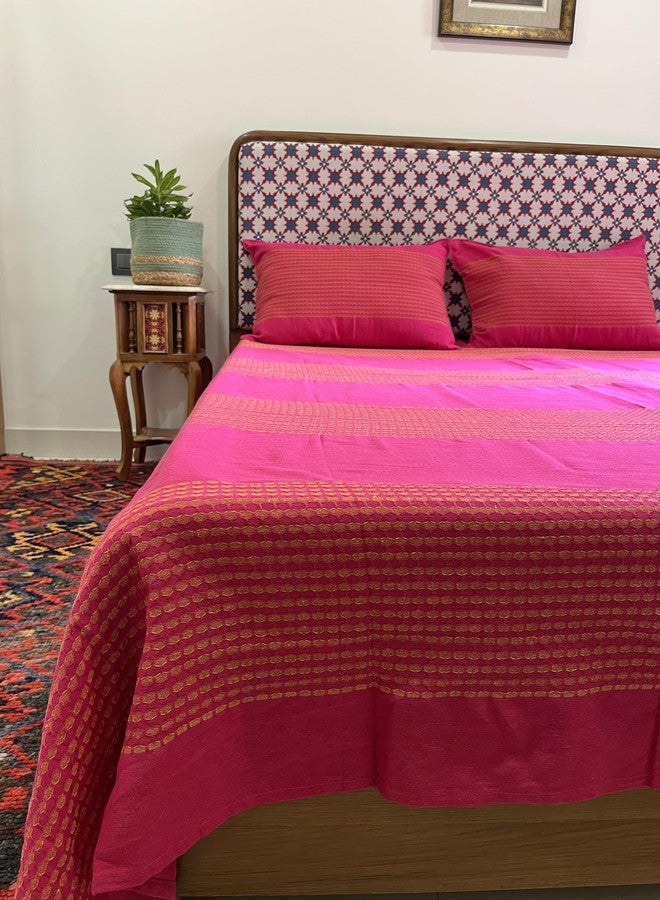 RANGBHAR Handloom Cotton Striped Bedsheet For Double Bed, Organic Woven Bedsheet With 2 Pillow Covers, Pink, 90X100 Inch,180 TC - Image 1