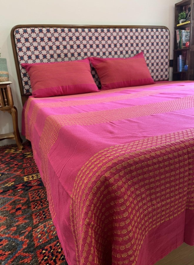 RANGBHAR Handloom Cotton Striped Bedsheet For Double Bed, Organic Woven Bedsheet With 2 Pillow Covers, Pink, 90X100 Inch,180 TC - Image 5