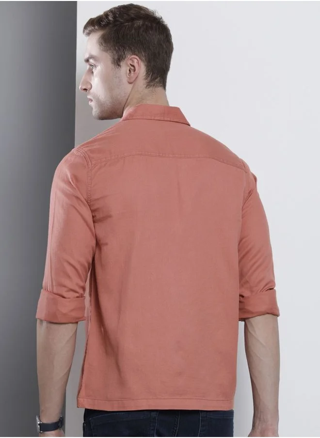 شركة المرآب الهندية Men Slim Fit Solid Full Sleeves Cutaway Collar Double Flap Pocket Casual Over Shirt