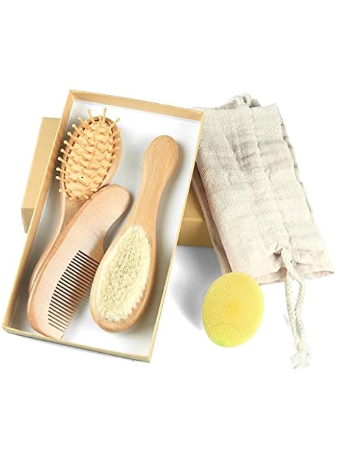 Baby Hair Brush and Comb Set (4-Piece) for Newborn - Wooden Baby Hairbrush Set，A Beechwood Brush, Baby Airbag Brush, Beech Handle Brush, and Prevent Cradle Cap Silicone Brush - Ideal Registry Gift  - Image 1