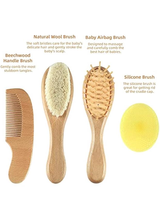 Baby Hair Brush and Comb Set (4-Piece) for Newborn - Wooden Baby Hairbrush Set，A Beechwood Brush, Baby Airbag Brush, Beech Handle Brush, and Prevent Cradle Cap Silicone Brush - Ideal Registry Gift  - Image 2