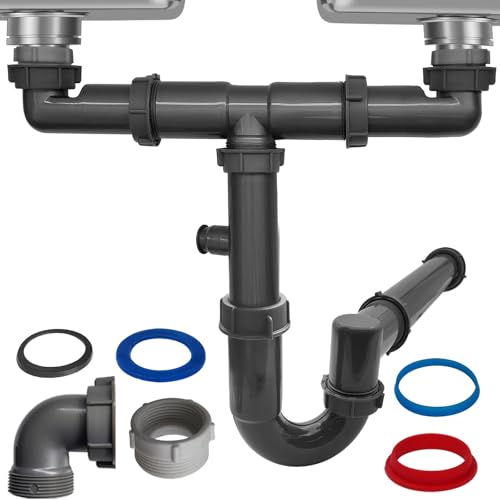TGEOND 1-1/2" Double Sink Drain Pipe Kit with P-Trap, Wall-Outlet, Complete Plumbing Replacement for Double Kitchen Sinks - Image 1