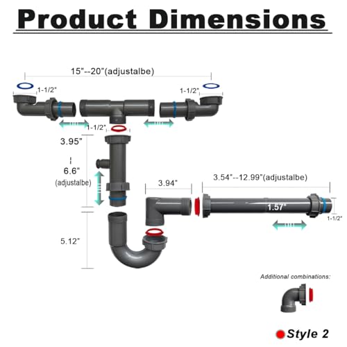 TGEOND 1-1/2" Double Sink Drain Pipe Kit with P-Trap, Wall-Outlet, Complete Plumbing Replacement for Double Kitchen Sinks - Image 2