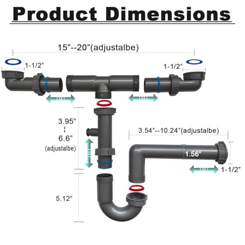 TGEOND 1-1/2" Double Sink Drain Pipe Kit with P-Trap, Wall-Outlet, Complete Plumbing Replacement for Double Kitchen Sinks - Image 3