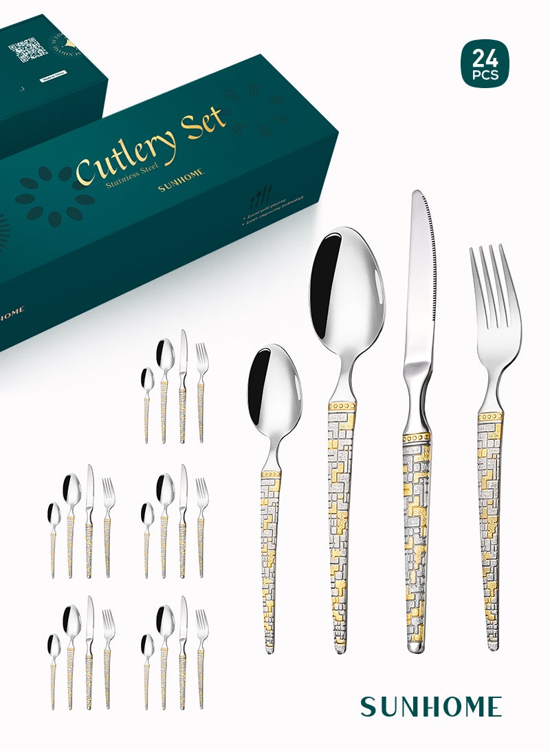 Sunhome 24-Piece Stainless Steel Cutlery Set with Laser Engraving For Kitchen - Image 1