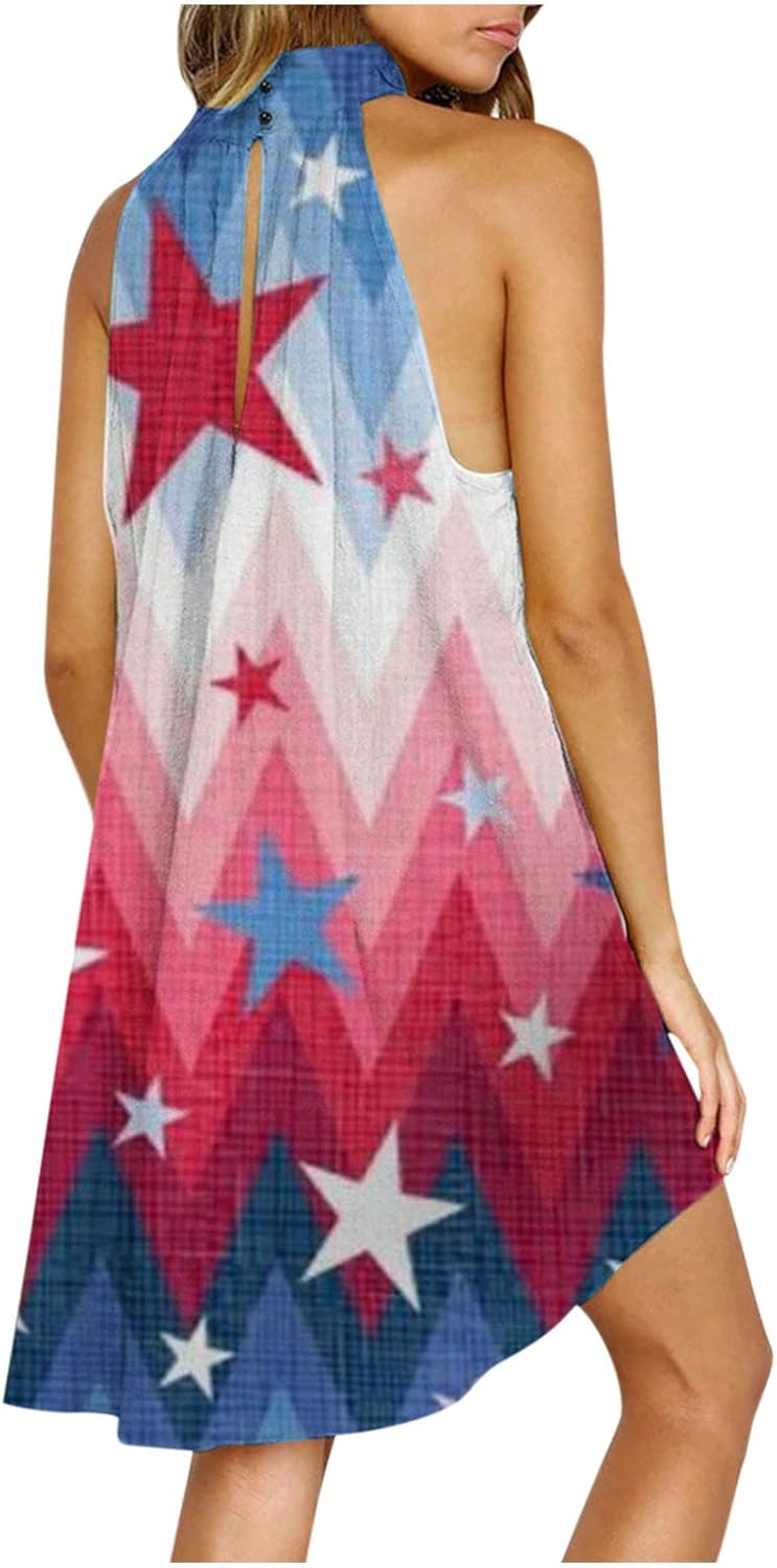 comfrt Women's Halter Neck Sleeveless Mini Dress July 4th American Flag Print Sun Dress Flowy Ruffle Hem Pleated Beach Dress - Image 2