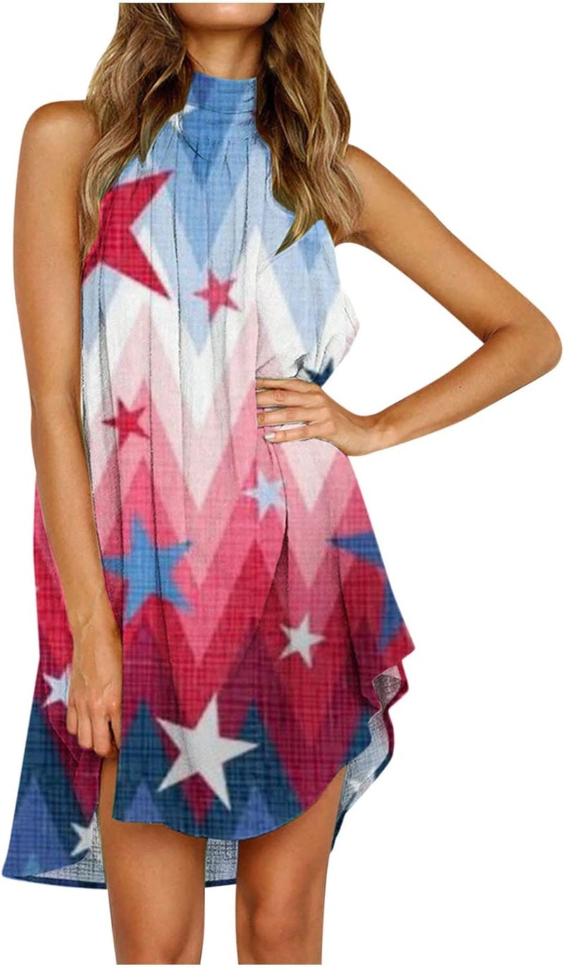 comfrt Women's Halter Neck Sleeveless Mini Dress July 4th American Flag Print Sun Dress Flowy Ruffle Hem Pleated Beach Dress - Image 1