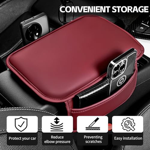 Wogomz Car Center Console Cover, 11.6"×8.3" Leather Car Armrest Cushion Pad with 2 Storage Pockets, Comfortable Arm Rest Box Cover Mat for Most Vehicles, Universal Interior Accessories (Wine Red) - Image 4