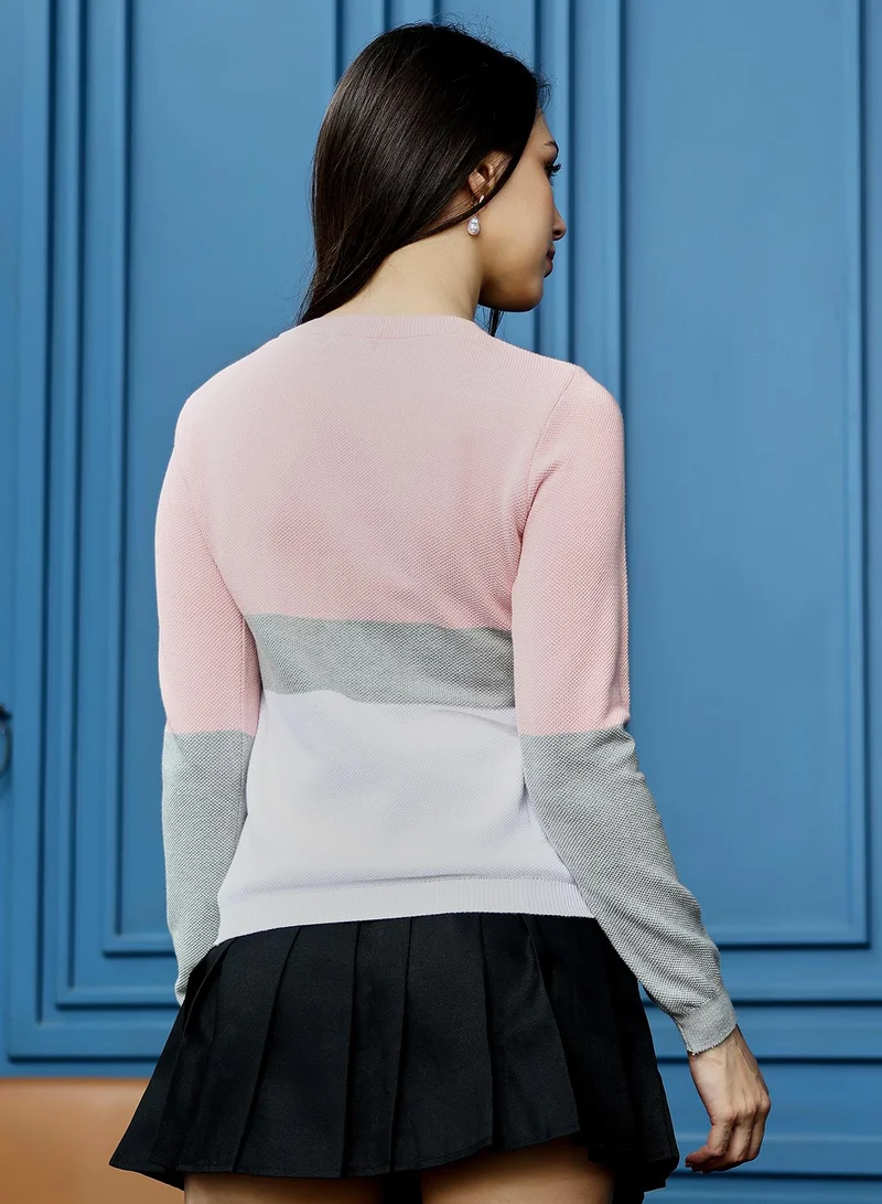 Pinacolada  Women's Contrast-Panel Pullover Sweater | Round Neck , Long Ribbed-Cuff Sleeves, Pull On Closure | Colourblock Jacquard Knitted Shirt For Casual & Daily Wear | Baby Pink:Light Grey for Women | Best Price UAE