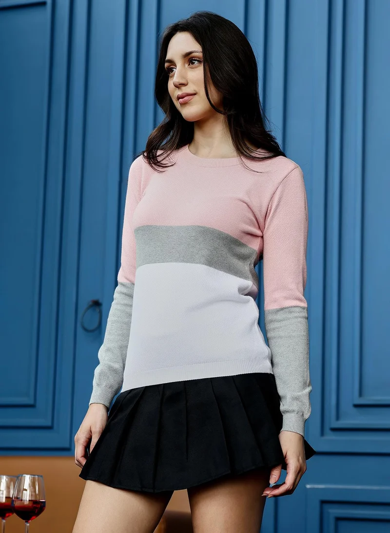 Pinacolada  Women's Contrast-Panel Pullover Sweater | Round Neck , Long Ribbed-Cuff Sleeves, Pull On Closure | Colourblock Jacquard Knitted Shirt For Casual & Daily Wear | Baby Pink:Light Grey for Women | Best Price UAE