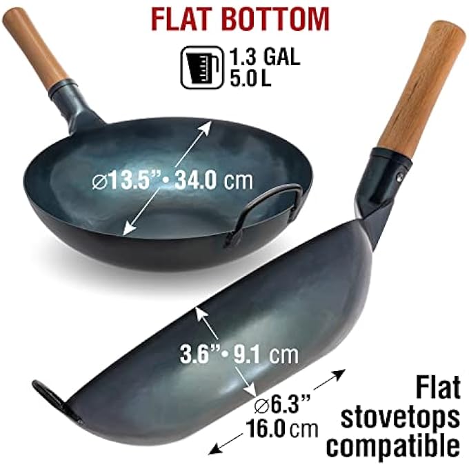 YOSUKATA مقلاة ووك من الفولاذ الكربوني الأزرق مقاس 34 سم، قاعدة مسطحة، متوافقة مع أسطح الطهي بالغاز والكهرباء والسيراميك والحث، مقلاة صينية تقليدية للقلي السريع وشواية الشواء والتخييم - Image 3