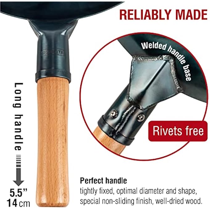 YOSUKATA مقلاة ووك من الفولاذ الكربوني الأزرق مقاس 34 سم، قاعدة مسطحة، متوافقة مع أسطح الطهي بالغاز والكهرباء والسيراميك والحث، مقلاة صينية تقليدية للقلي السريع وشواية الشواء والتخييم - Image 5