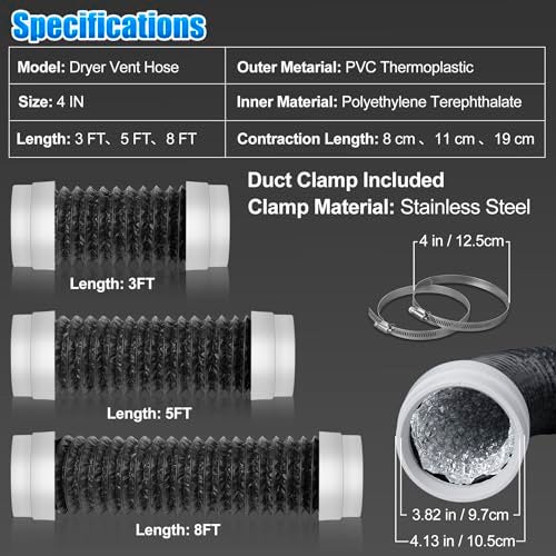 Builimeer Heavy Duty 4Inch Flexible Dryer Vent Hose 5FT 6Layer Aluminum Foil Duct with Rubber Seals 2 Clamps HeatResistant Exhaust Hose for Tight Spaces Laundry HVAC Ventilation - Image 3