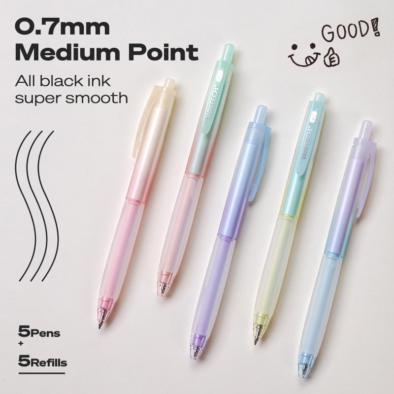 WRITECH أقلام حبر جل قابلة للسحب WRITECH: 0.7 مم حبر أسود برميل بتدرج لوني جمالي مع قبضة ناعمة نقطة متوسطة 5 قطع مع 5 إعادة تعبئة لتدوين الملاحظات كتابة سلسة جافة سريعة بدون تسرب - Image 2