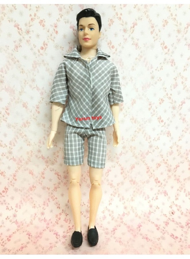 Men's Ken Dress Doll Clothes Prince Ken Suit Sportswear Top Pants Shirt Two-Piece Set Boys-Color:Grey Lattice Suit +11 Joints + Head + Shoes