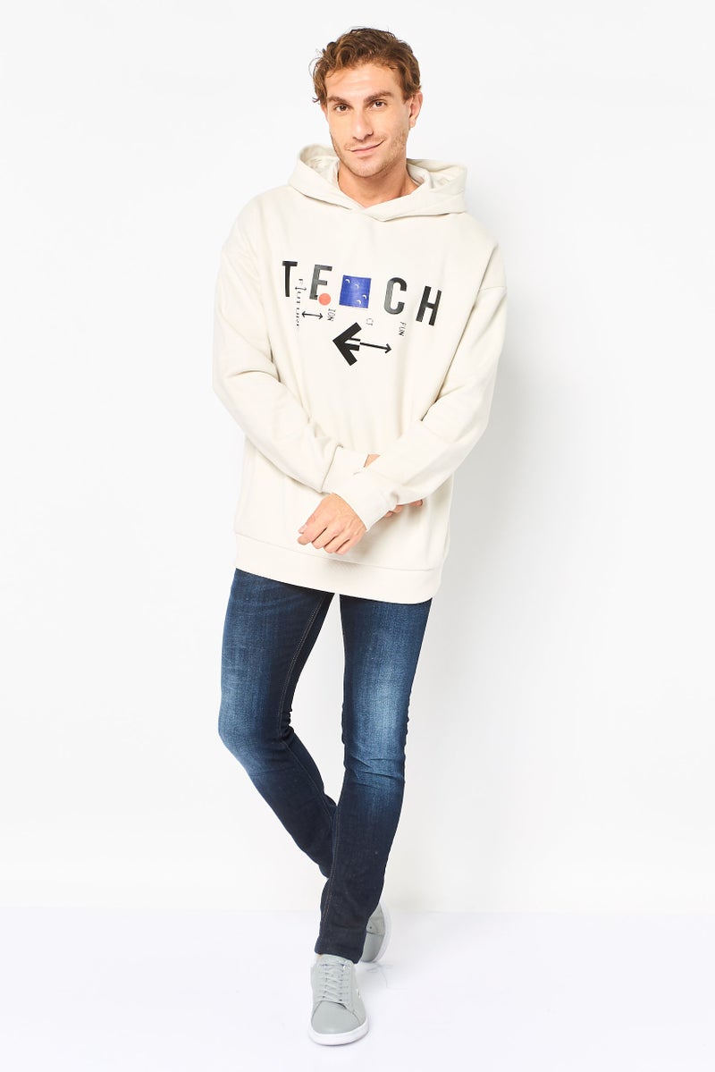 SELECTED Men Graphic Print Long Sleeve Hoodie, Off White - Image 2