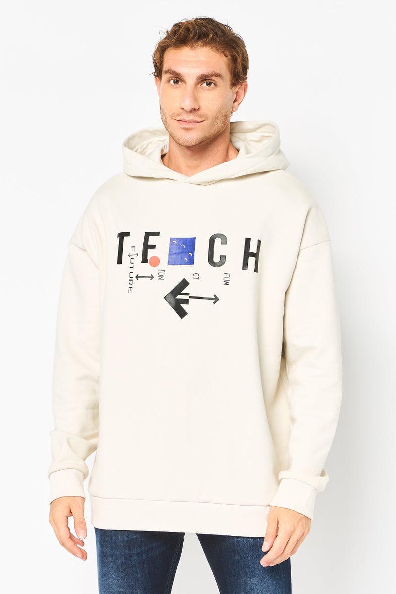 SELECTED Men Graphic Print Long Sleeve Hoodie, Off White - Image 1