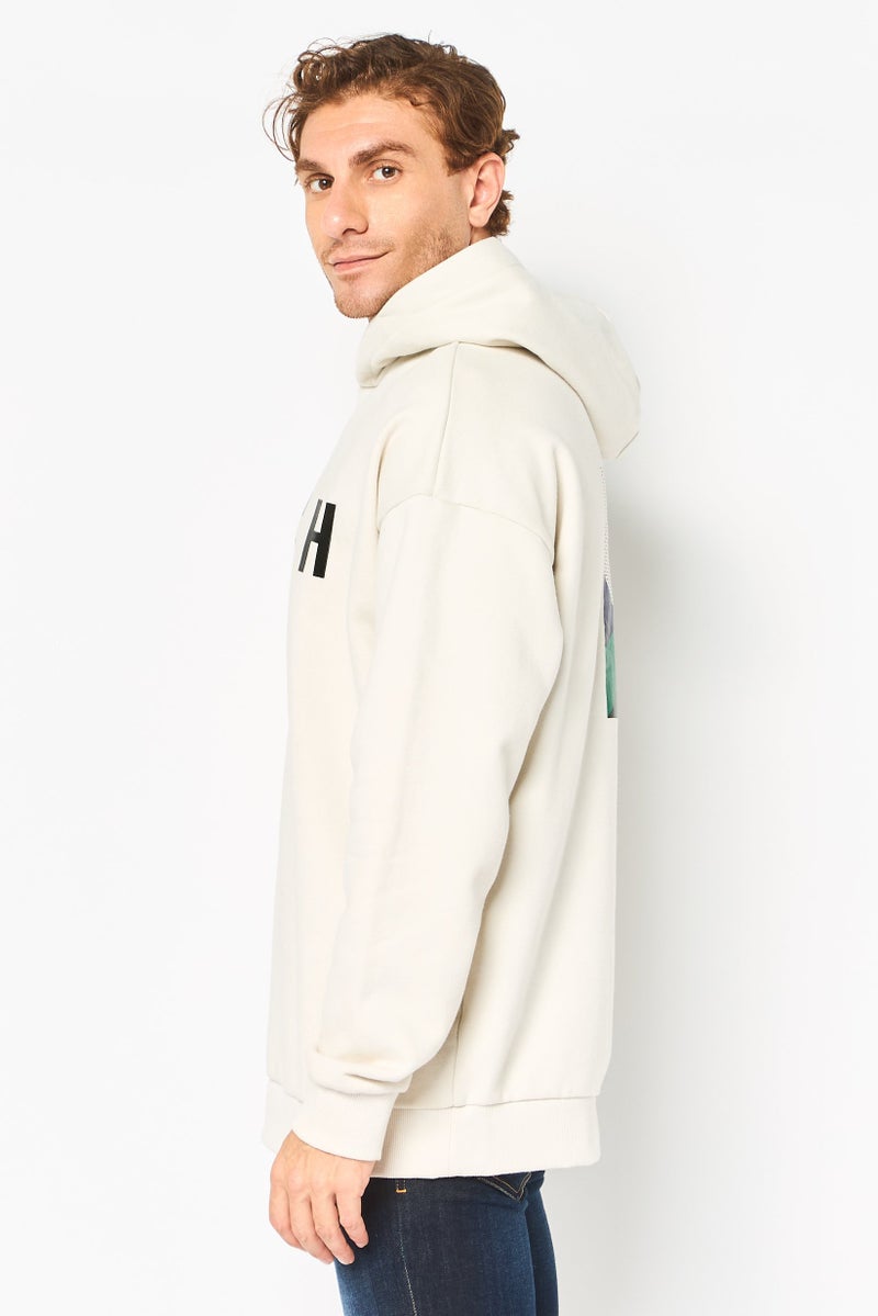 SELECTED Men Graphic Print Long Sleeve Hoodie, Off White - Image 3
