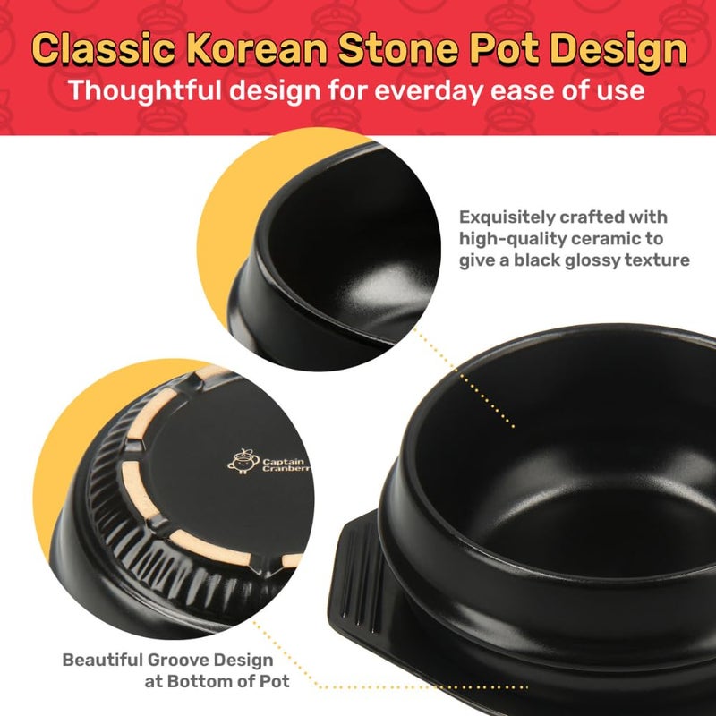 Captain Cranberry Korean Stone Pot Set (7-piece, 38.7oz with Hot Pot Grip), Ttukbaegi, Dolsot, Korean Soup Bowl, Ceramic Pots for Cooking, Soup Pot, Earthenware Claypot, Bibimbap, Ramen - Image 3