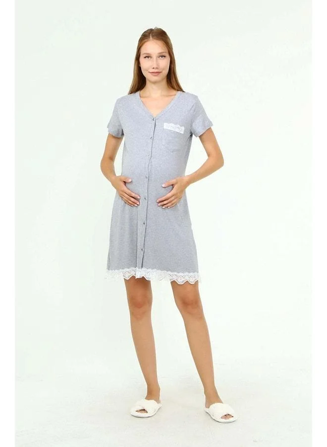 LuvmaBelly MYRA9721 - Buttoned Lace Pocket Maternity Nightgown - Gray.