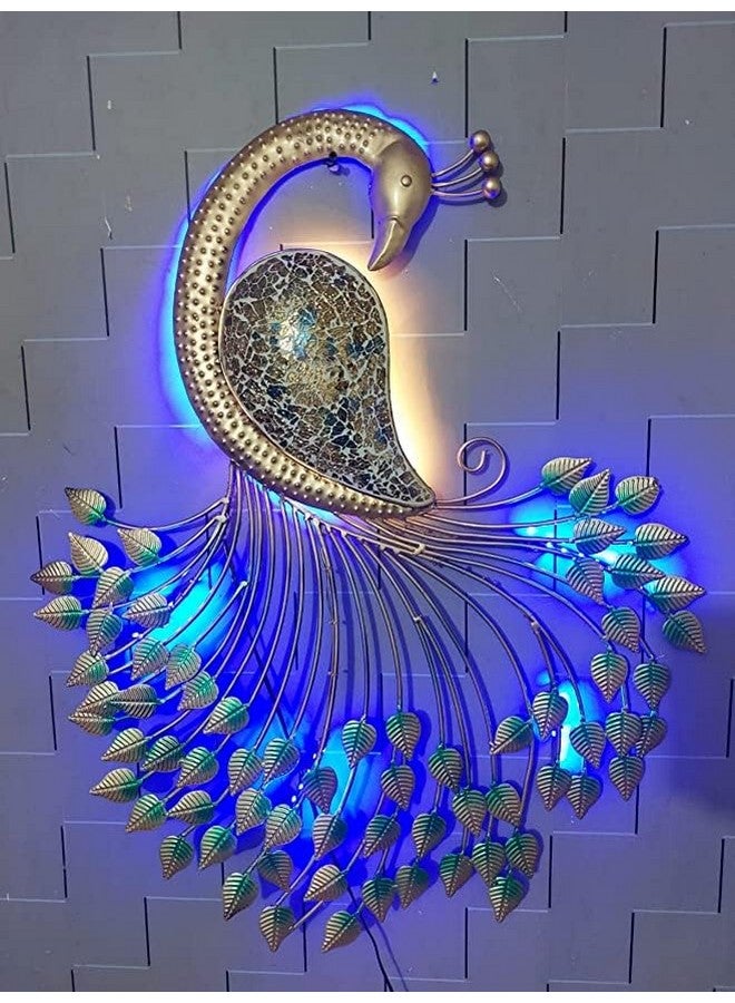 Decornus ديكور حائط طاووس معدني مصنوع يدويًا مع ضوء LED، ديكور منزلي، ديكور حائط، هدية ديوالي، هدية للشركات، معبد منزلي، (32 * 26.5 * 3 بوصة) - Image 2