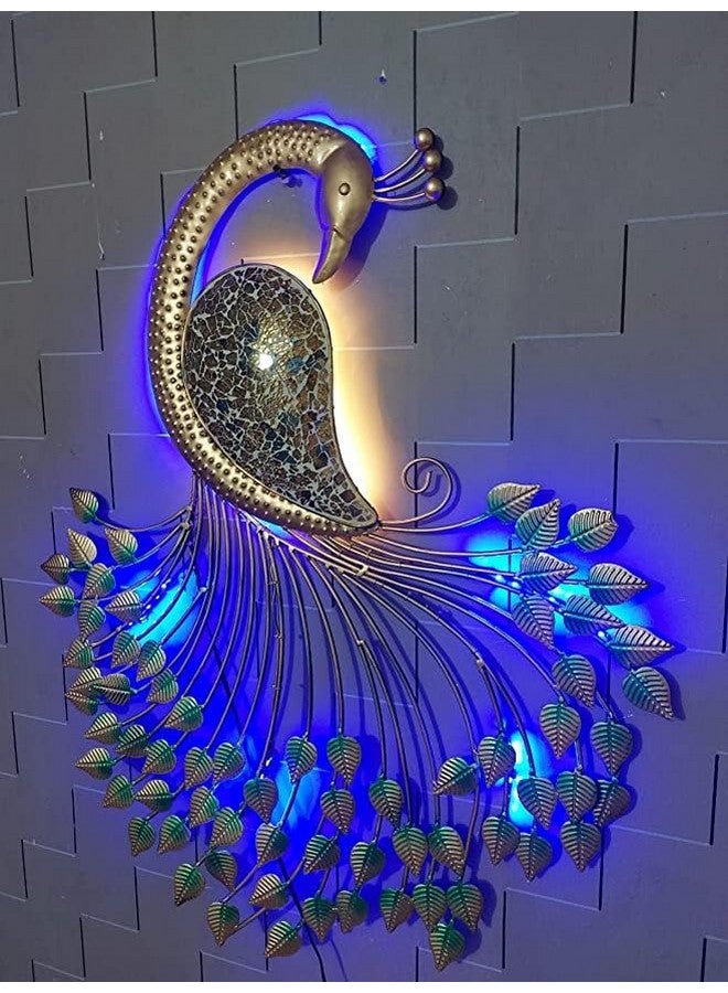 Decornus ديكور حائط طاووس معدني مصنوع يدويًا مع ضوء LED، ديكور منزلي، ديكور حائط، هدية ديوالي، هدية للشركات، معبد منزلي، (32 * 26.5 * 3 بوصة) - Image 1