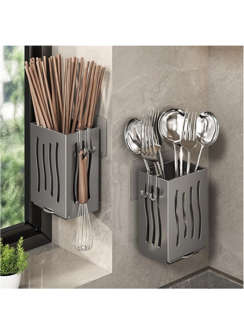 Cozy Nest 2 Multifunctional Cutlery Spoon Holder Storage Stand with Draining Tray Wall-Mounted Freestanding Utensil Rack Organizer Thickened ABS Material for Kitchen (Grey, 8.5x6.6x12.5 CM)  - Image 3