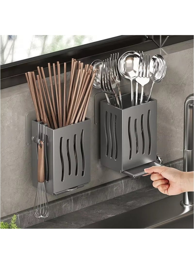 Cozy Nest 2 Multifunctional Cutlery Spoon Holder Storage Stand with Draining Tray Wall-Mounted Freestanding Utensil Rack Organizer Thickened ABS Material for Kitchen (Grey, 8.5x6.6x12.5 CM)  - Image 1
