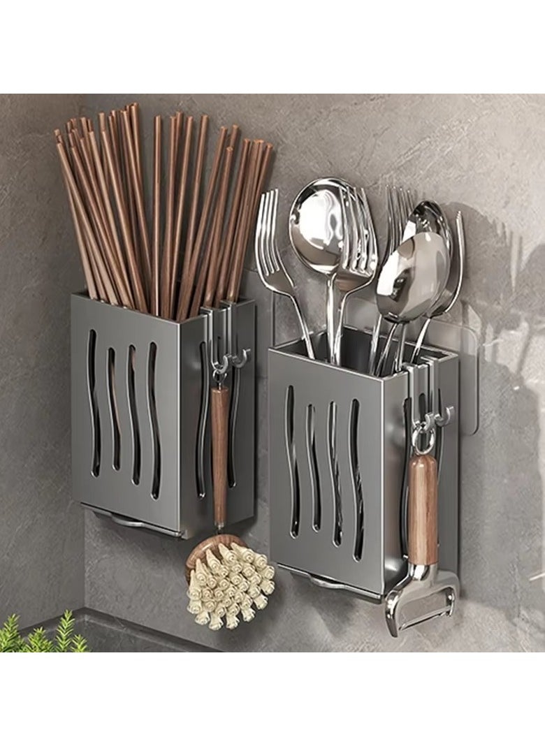 Cozy Nest 2 Multifunctional Cutlery Spoon Holder Storage Stand with Draining Tray Wall-Mounted Freestanding Utensil Rack Organizer Thickened ABS Material for Kitchen (Grey, 8.5x6.6x12.5 CM)  - Image 2