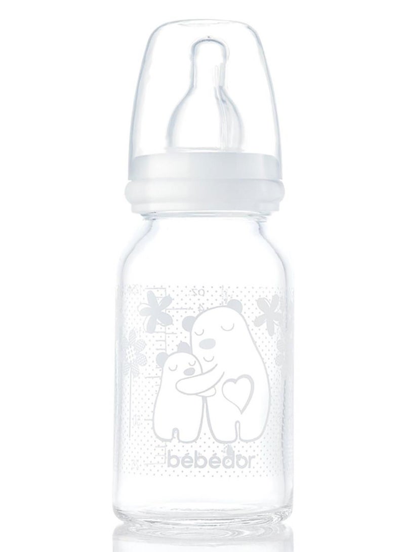 بيبي دور زجاج بيبرونة 125 مل  عنق ضيق لون ابيض حديث الولادة