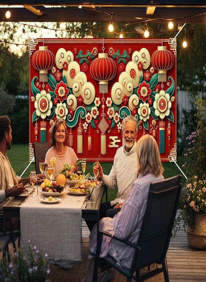 BlissYard Chinese New Year Banner Red Lantern Flower Tassel Backdrop 71x43 Inches Lunar Festival Spring Celebration Decoration Oriental Wall Hanging for Indoor Outdoor Display - Image 2