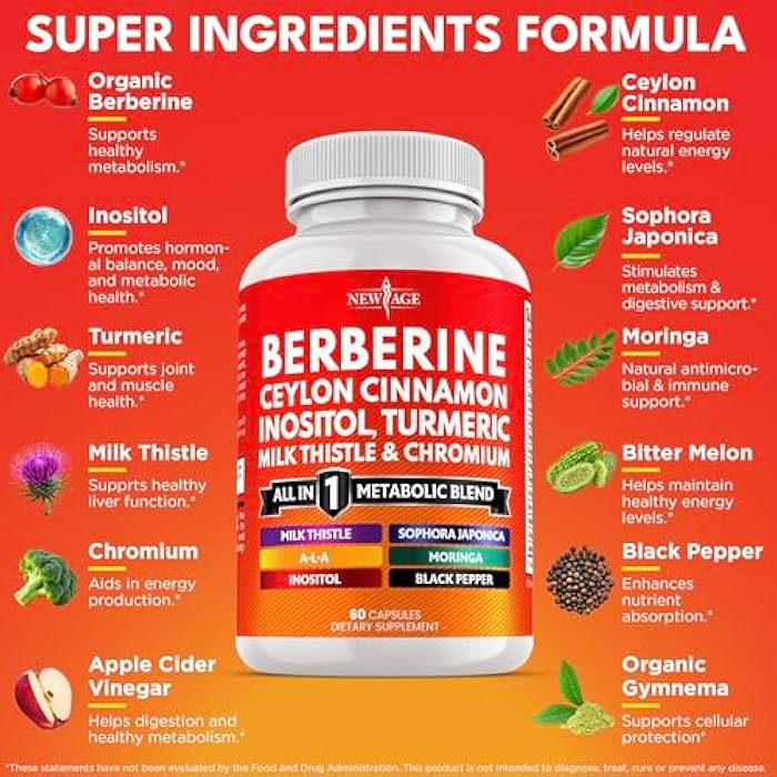 New Age Berberine and Ceylon Cinnamon Supplement - Bitter Melon, Glucomannan, Gymnema Sylvestre, Chromium, Moringa, Milk Thistle, Turmeric, Inositol Pills - 180 Count - Image 2