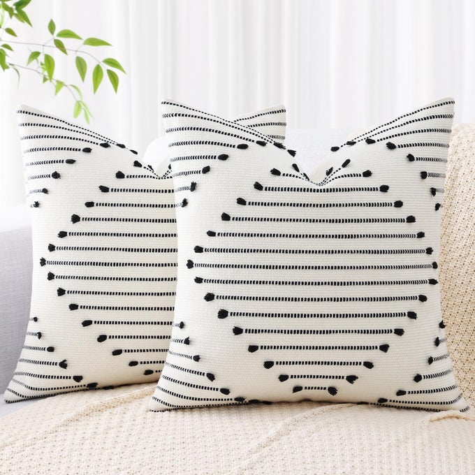 BOHO OUTDOOR THROW PILLOW COVERS 18X18 SET OF 2 FARMHOUSE DECORATIVE SUMMER PILLOW COVERS FOR COUCH SOFA LIVING ROOM BLACK CREAM WHITE