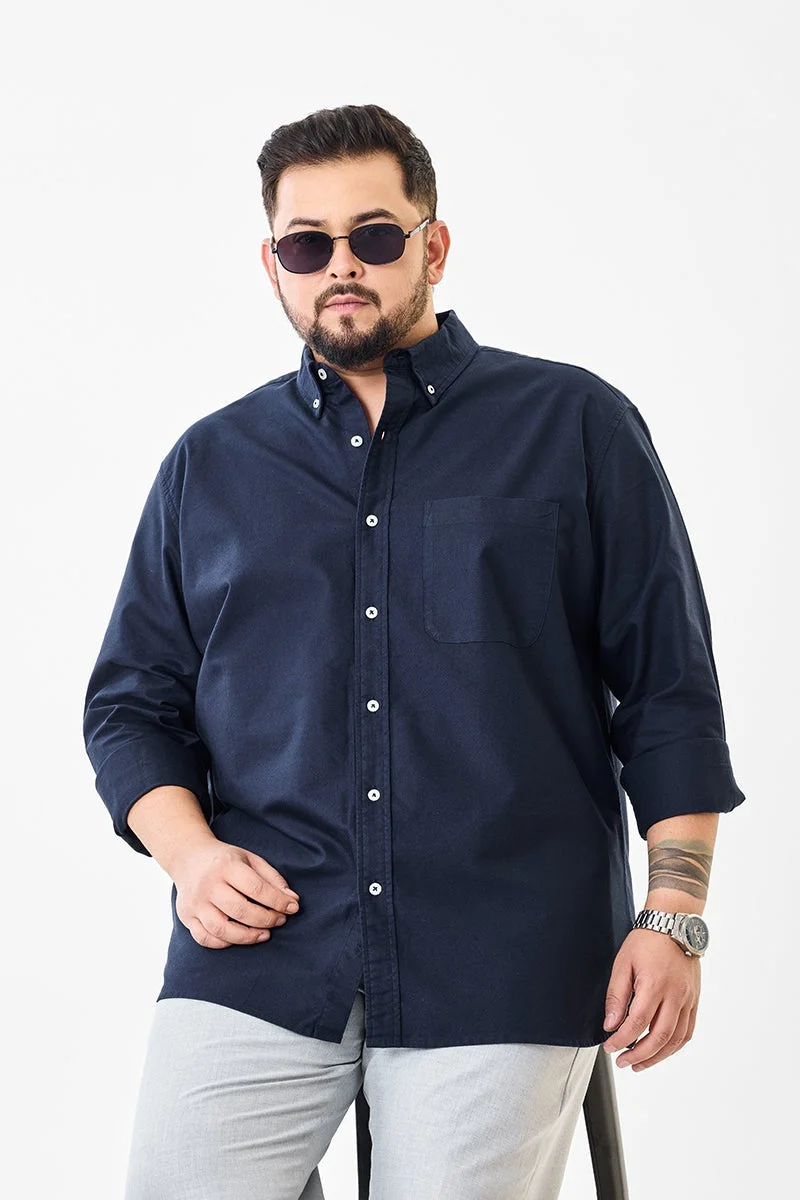 سنيتش Navy Solid Long Sleeve Regular Fit Plus Size Shirt