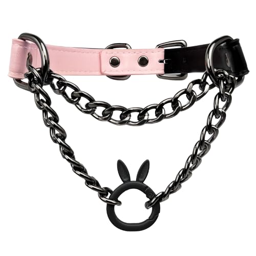 EverGlimp Leather Choker Collar Necklace For Women,Cute Skull Gothic Punk Rock Choker Necklace Collars (BUNNY, PINK) - Image 1